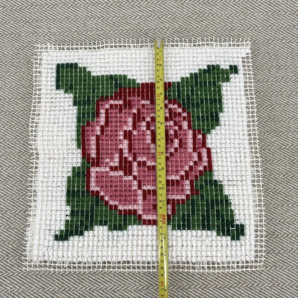 Vintage Finished Latch Hook Rose Flower Mid Century MCM 14 x 14 Pillow or Frame